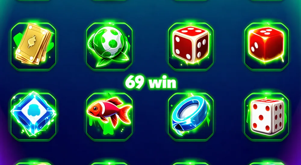 Hình ảnh tổng hợp các trò chơi phổ biến trên nền tảng 69 Win, bao gồm biểu tượng cá cược thể thao, casino trực tuyến và bắn cá.